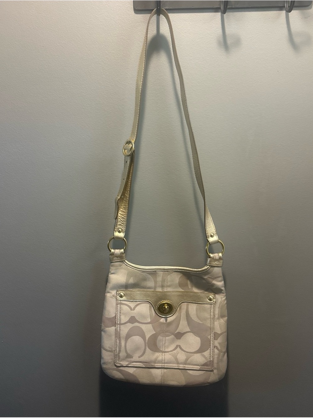 Coach Light Pink Signature Canvas Shoulder Bag with Gold Hardware